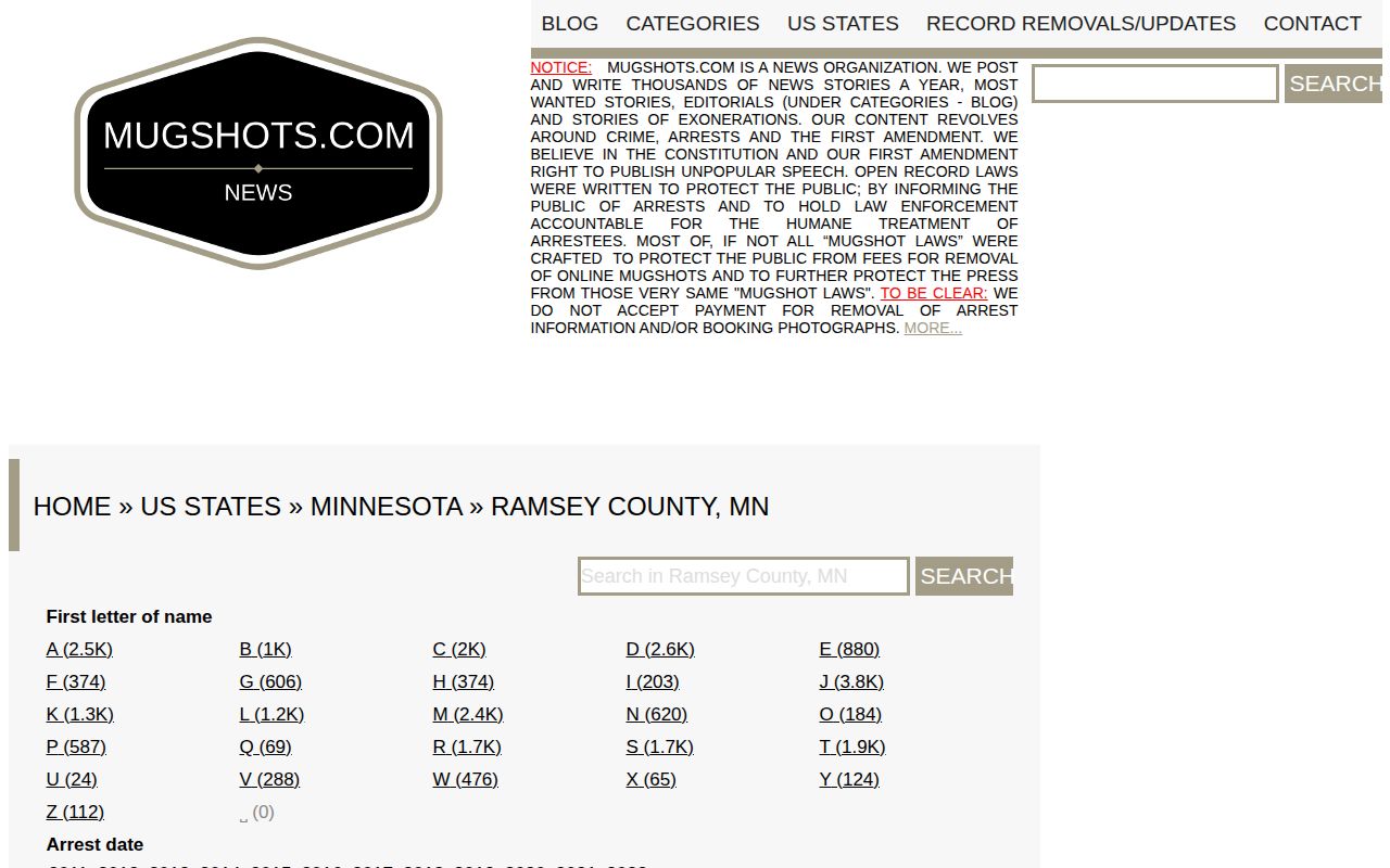 Unofficial Ramsey County historical mugshot-record section used only as a third-party landscape example