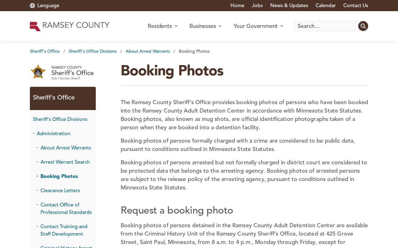 Ramsey County booking photo request policy for adult detention records