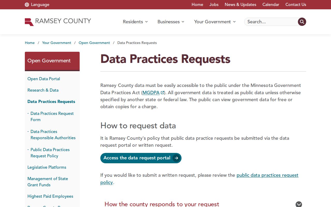 Ramsey County Data Practices request page for older booking records