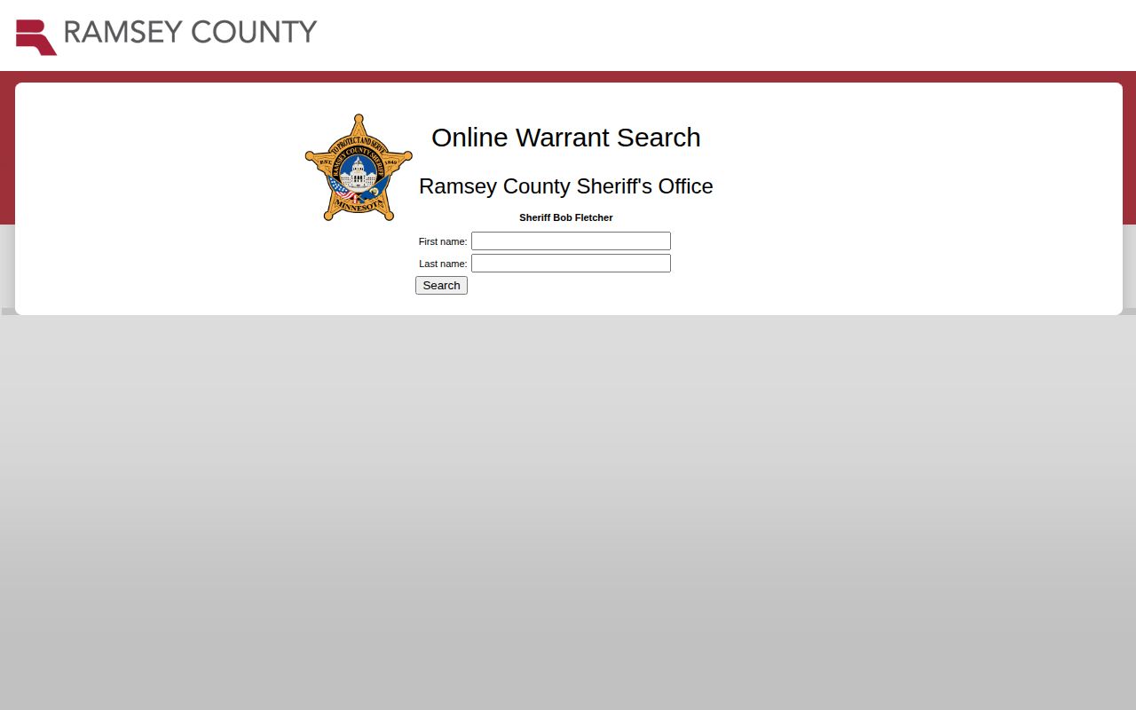 Ramsey County official warrant search form for name-based warrant records