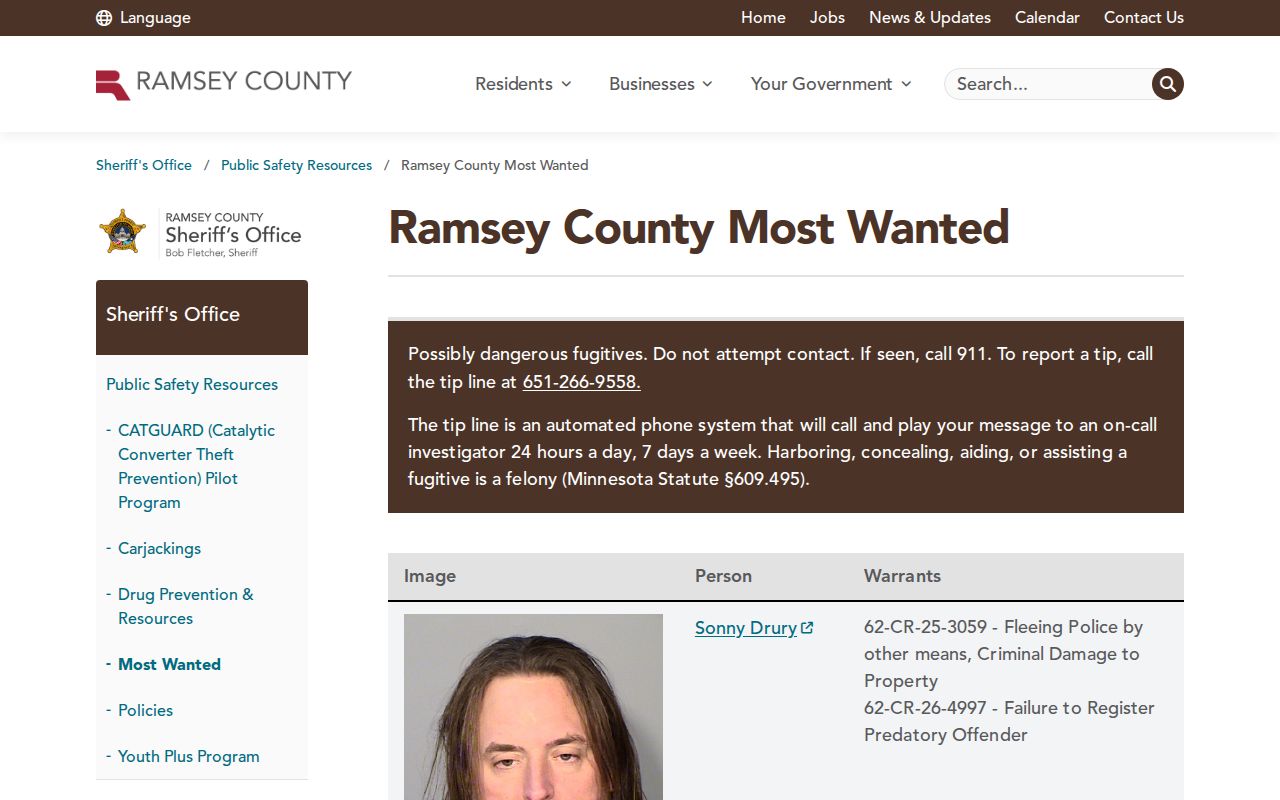 Ramsey County Most Wanted official fugitive-list record page